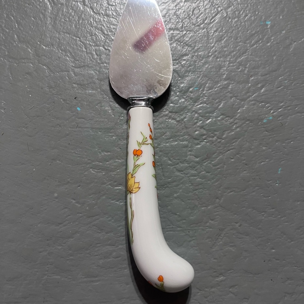 Vintage Prill England Stainless Steel Cake Pie Server Porcelain Floral Handle